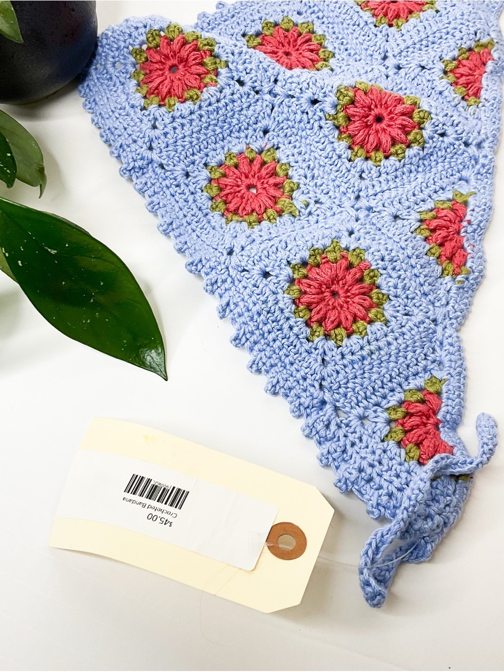 Handmade Periwinkle Crochet Bandana Floral Tie Headscarf